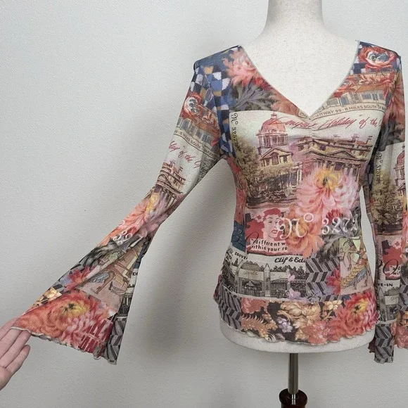 Y2K Vibrant Hawaiian Print Top Womens Medium* Hula Girl Lettuce Hem Dainty Fairy - Picture 4 of 12